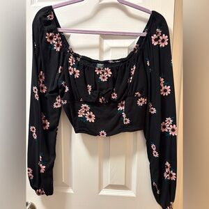 Wild Fable Black Crop Top with Pink Floral Pattern